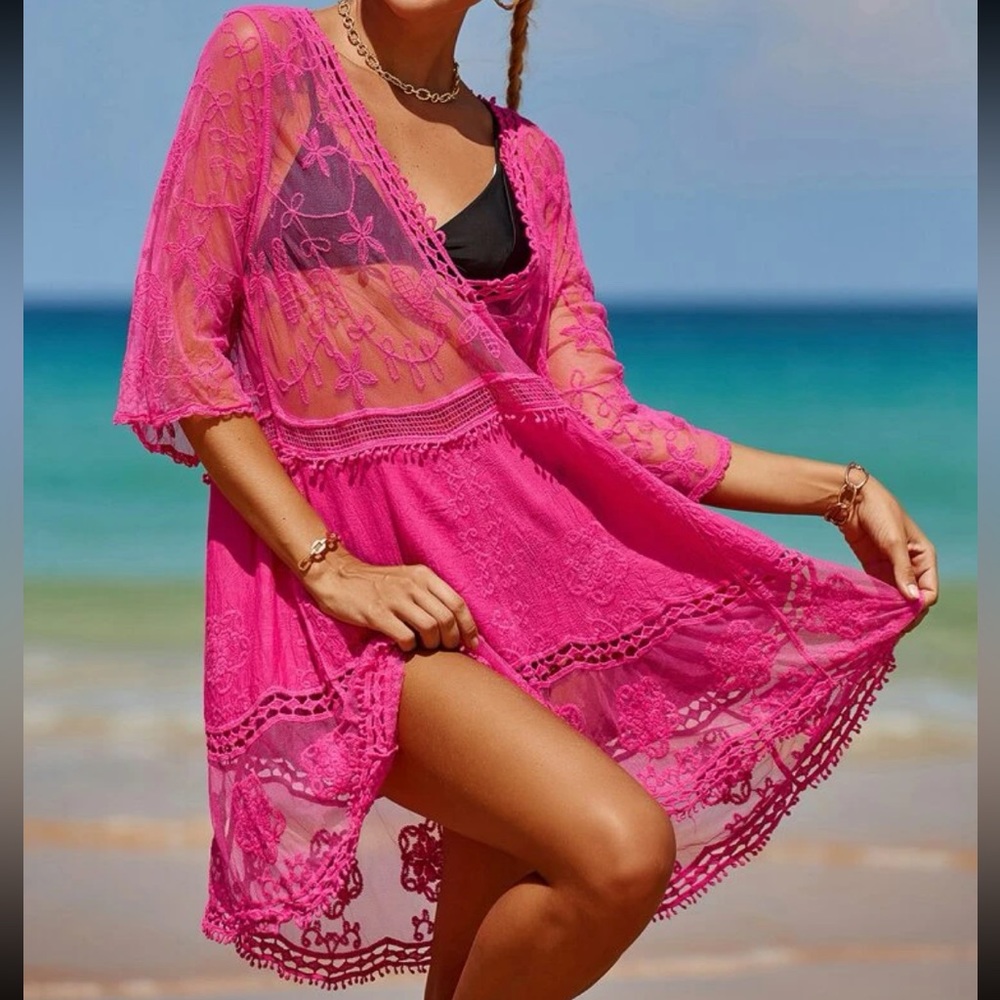 Boho Sheer Mesh Lace Deep V Neck Beach Swim Cover Up - Picture 8 of 16